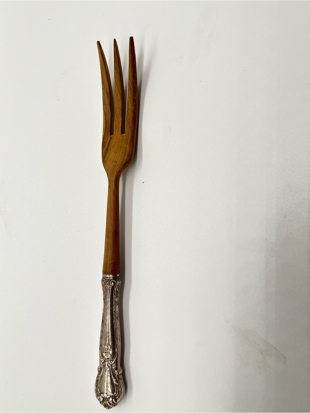 Vintage WEB wooden salad serving fork with ornate STERLING silver  handle.